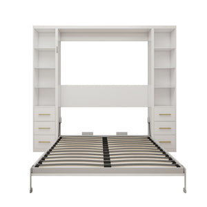 Queen Size Murphy Wall Bed With Side Storage Cabinets - White