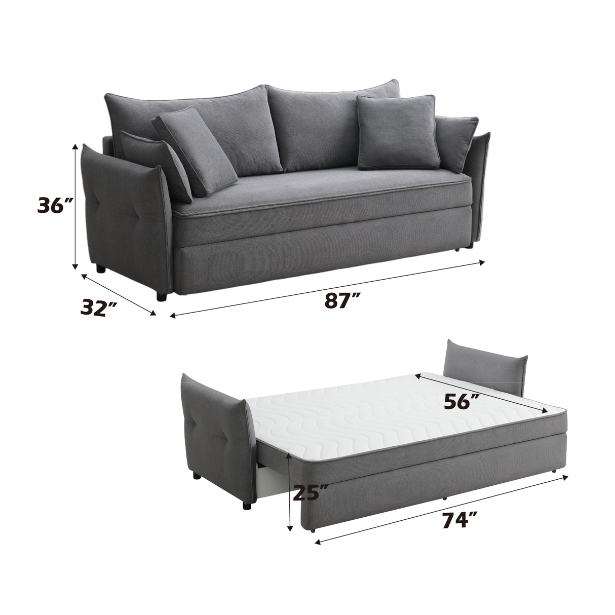 Irina Gray Fabric Sofa W/Sleeper (Toss Pillows Included)
