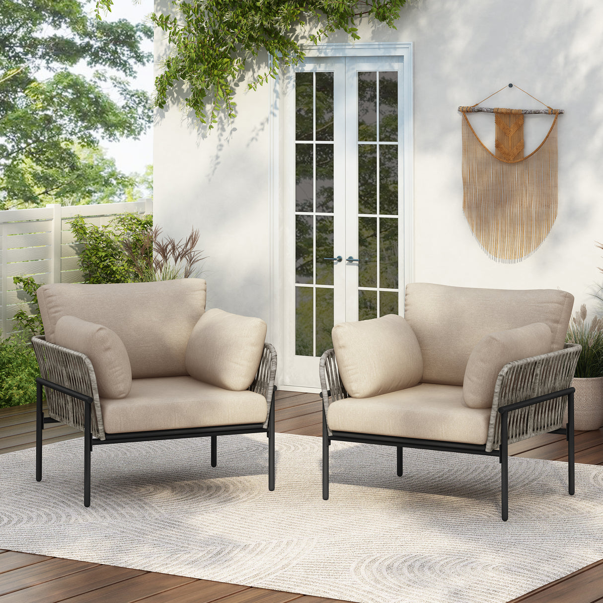 Set of 2 Iron lounging chairs with rope weave design and beige plush cushions
