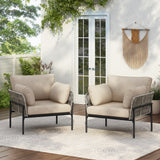 Set of 2 Iron lounging chairs with rope weave design and beige plush cushions