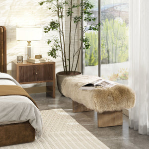 Natural Blonde Sheepskin Fur Rectangular Accent Bench with Plush Upholstery - 49"