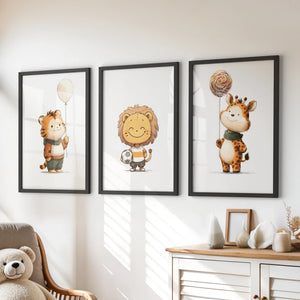 Woodland Jungle Set of 3 Prints. Lion, Giraffe, Tiger Art
