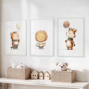 Woodland Jungle Set of 3 Prints. Lion, Giraffe, Tiger Art