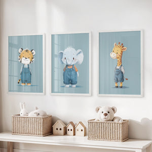 Safari Nursery Wall Art Set of 3. Baby Elephant, Giraffe, Tiger