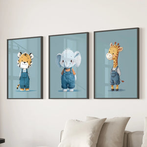 Safari Nursery Wall Art Set of 3. Baby Elephant, Giraffe, Tiger