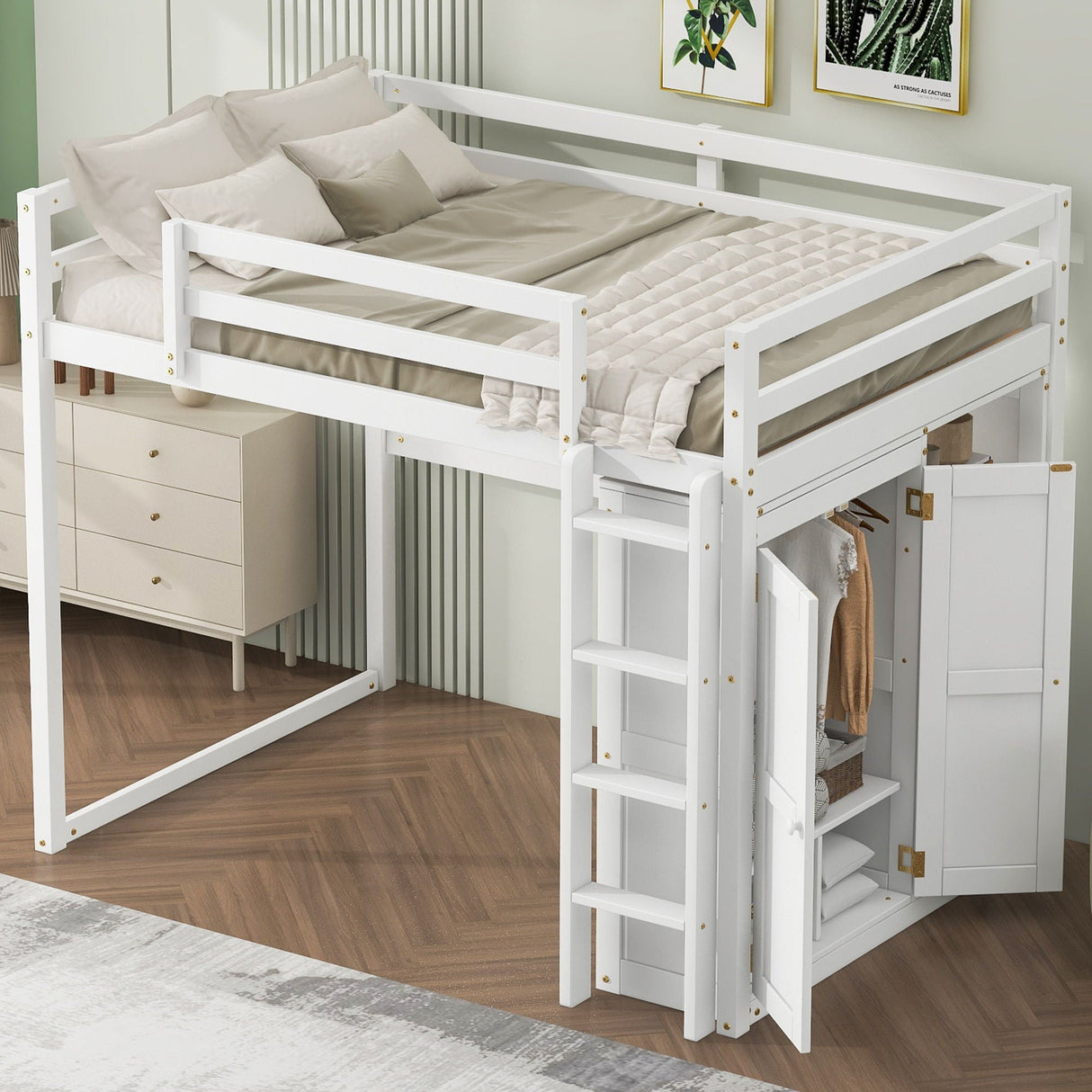 Loft Bed With Built In Wardrobe, Storage Shelves, And LED Light