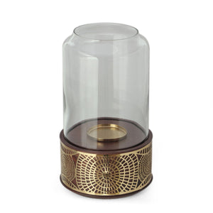 Boho Handcrafted Mango Wood Hurricane Candle Holder with Tempered Glass and Metal Accents