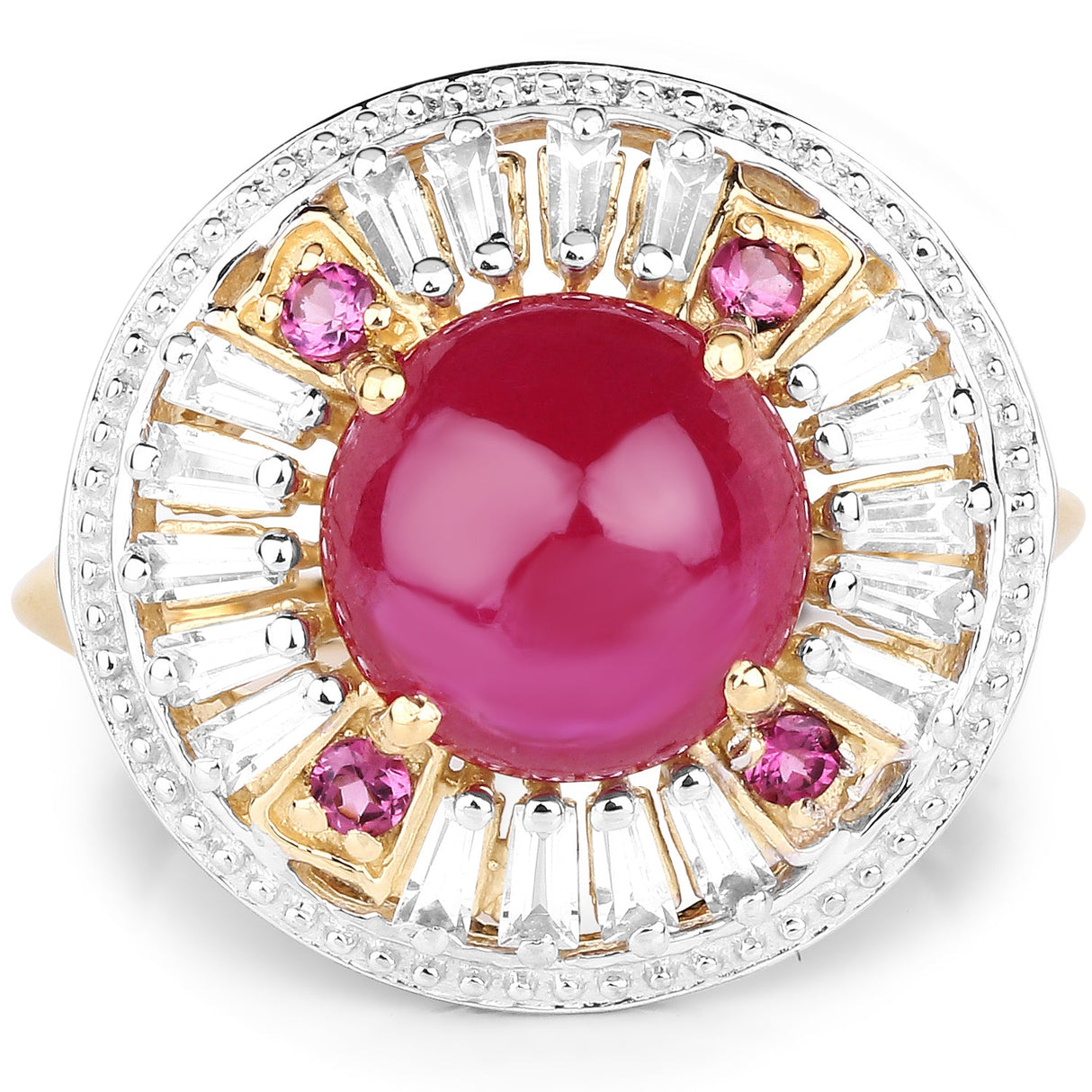 14K Yellow Gold Plated 8.91 Carat Genuine Glass Filled Ruby, Rhodolite & White Topaz .925 Sterling Silver Ring