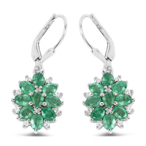 3.04 Carat Genuine Zambian Emerald and White Zircon .925 Sterling Silver Earrings