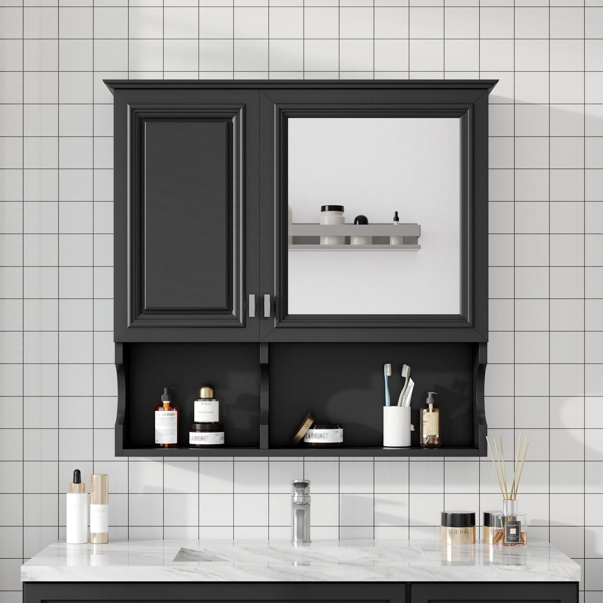 Wall Mounted Mirror Medicine Cabinet with Soft-Close Doors and Open Shelves - Black or White