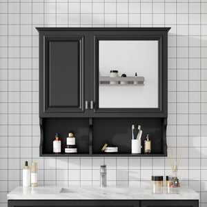 Wall Mounted Mirror Medicine Cabinet with Soft-Close Doors and Open Shelves - Black or White