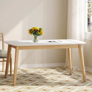 Dining Table With Splayed Rubberwood Legs & Faux Wood Tabletop, Mid Century Modern - White Oak