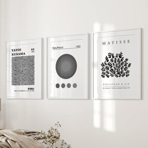 Black White Kusama, Matisse, Bauhaus Posters. Art Set of 3