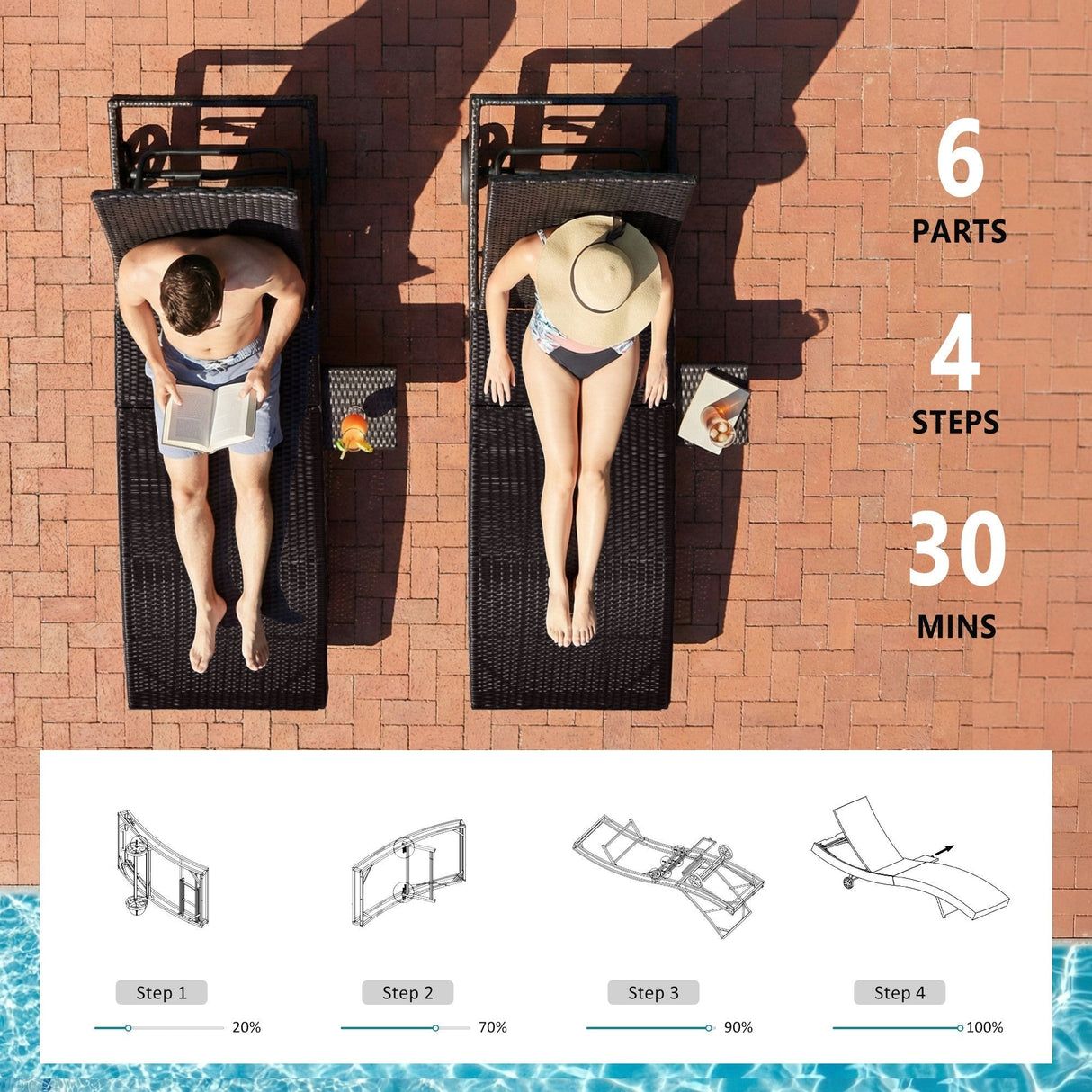 K&K 80'' Patio Wicker Chaise Lounge Chairs Set of 2