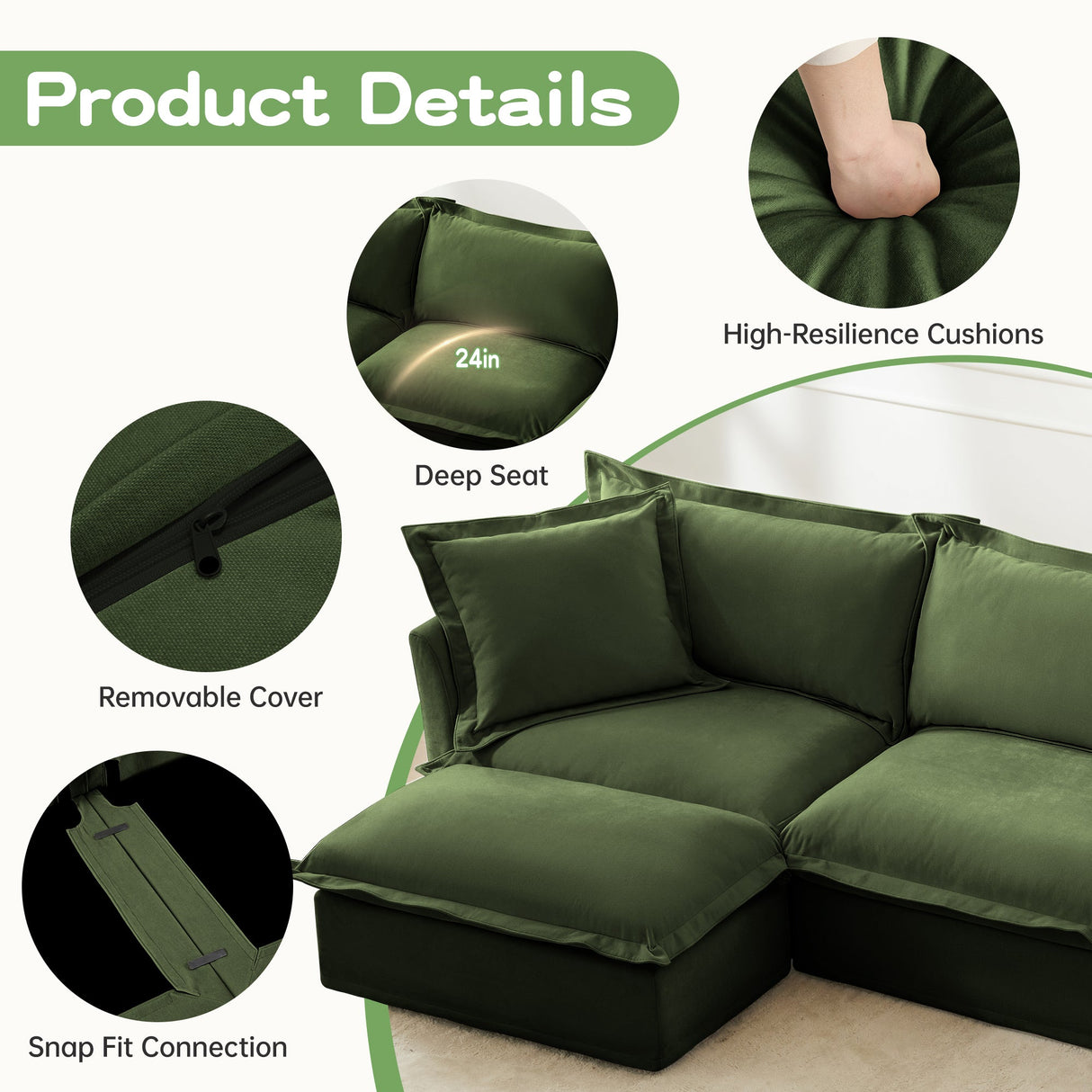 Modern Slipcovered 3-Seater Sofa with Chenille Fabric