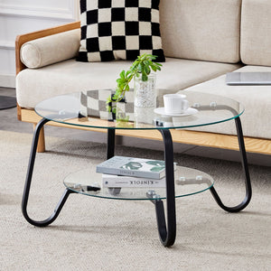 Retro Minimalist Style Metal Frame Double Layer Tempered Glass Coffee Table