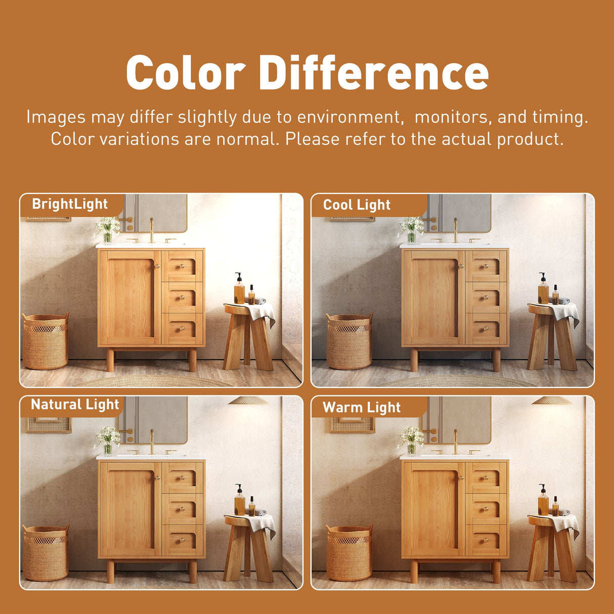 Bathroom Vanity With Sink, 3 Drawers, Soft Close Door - Natural Wood