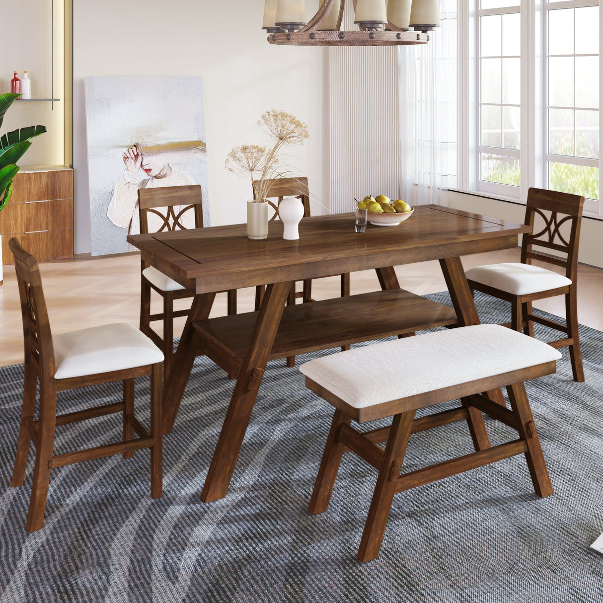 Charlie Walnut Farmhouse Counter Height 6-Piece Dining Set