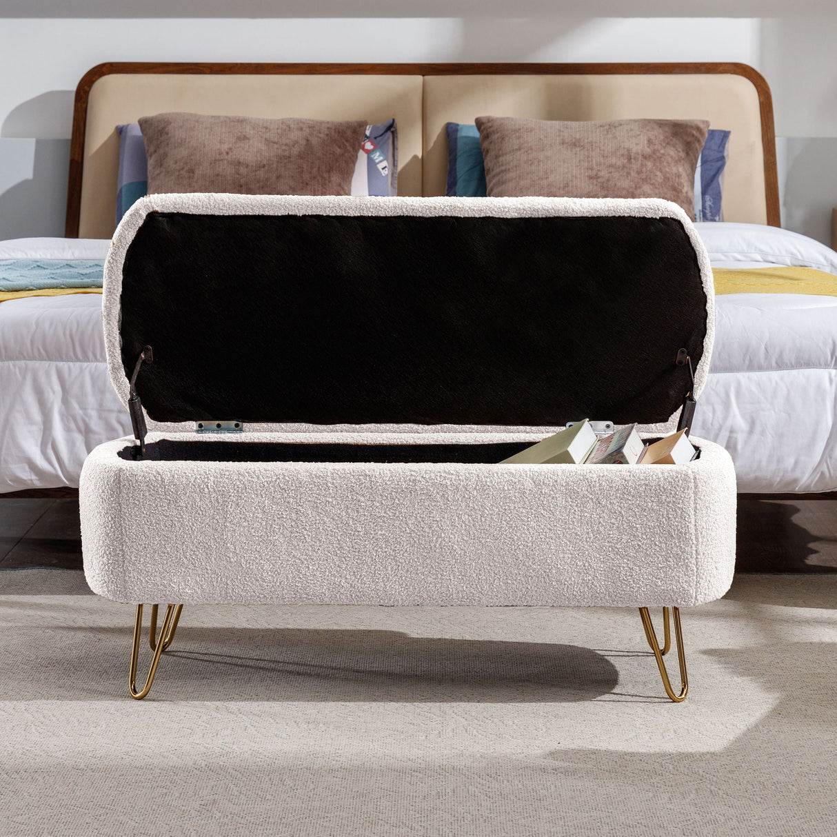 Storage Ottoman Bench For End Of Bed Legs, Modern Camel Faux Fur Entryway Bench Upholstered Padded With Storage For Living Room Bedroom
