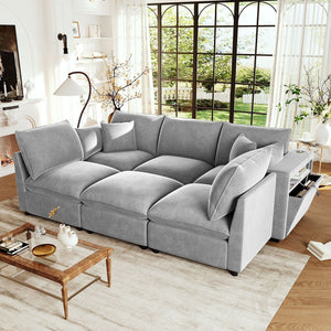 Modern U-Shaped Sectional Sofa with Storage Ottoman & USB Ports - Multiple Colors