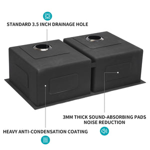 Double Bowl Undermount Kitchen Sink 16 Gauge 33" X 19" With Dual 10" Deep Basins - Gunmetal Black