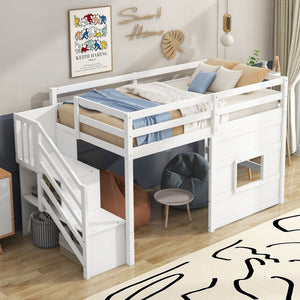 Loft Bed With Storage Staircase, Window & LED Light