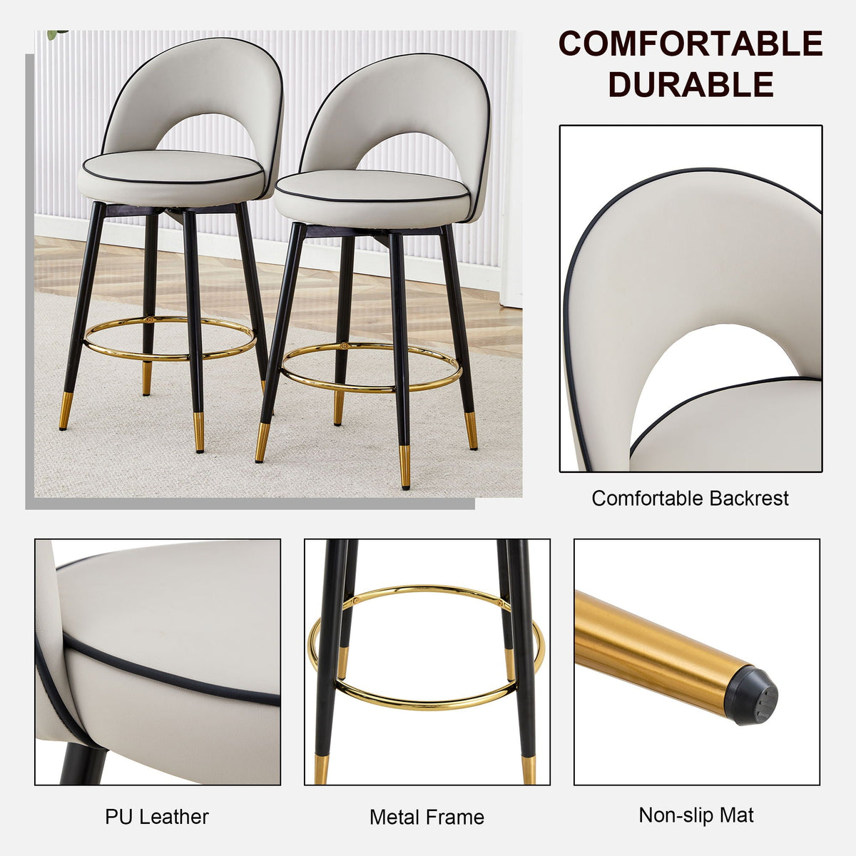 Modern Upholstered 360° Rotatable Bar Chair With Metal Legs For Dining Room (Set of 2)