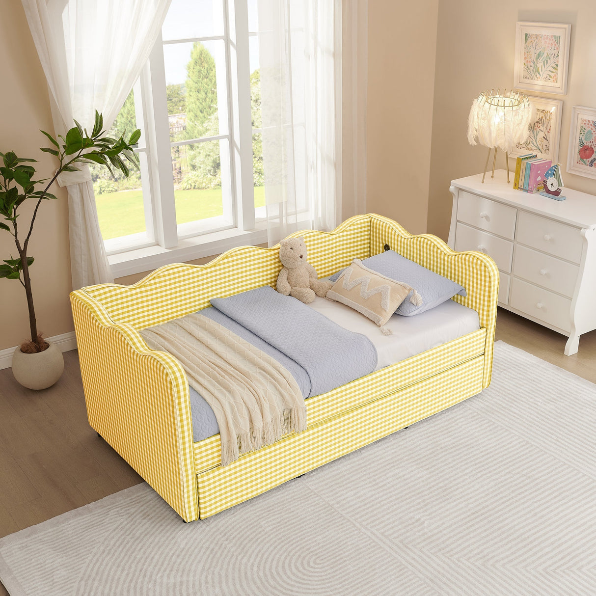 Cozy Gingham Daybed with Trundle Twin Size Sofa Bed No Box Spring Needed, with USB Port and Adorable Wave Shaped, Linen Fabric