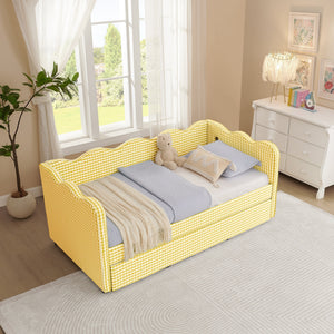 Cozy Gingham Daybed with Trundle Twin Size Sofa Bed No Box Spring Needed, with USB Port and Adorable Wave Shaped, Linen Fabric