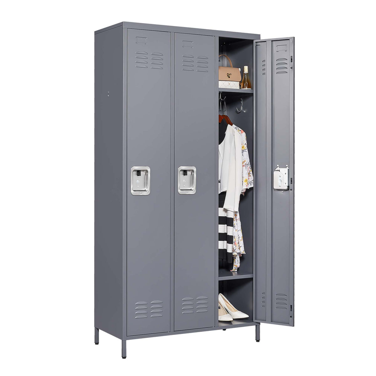 3 Door Lockers With Lock For Home, Gym, Office, School, And Garage - Gray