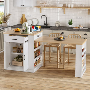 Extendable Island Console with Drawers, Double-Door Cabinet, and Open Shelving