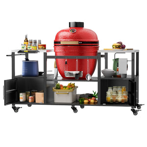 Outdoor Grill Table For Big Egg Style Bbq With Metal Grill Cart And Storage Box And Metal And Stainless Steel - Black / Silver