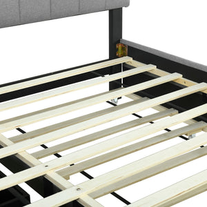Upholstered Platform Bed With Storage Headboard, Trundle & 2 Drawers And A Set Of Sockets & USB Ports