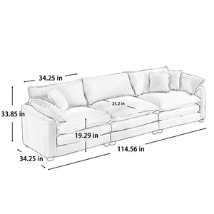Mid-Century Modern 3 Seater Sectional Sofa with Arm and Throw Pillows - Fabric