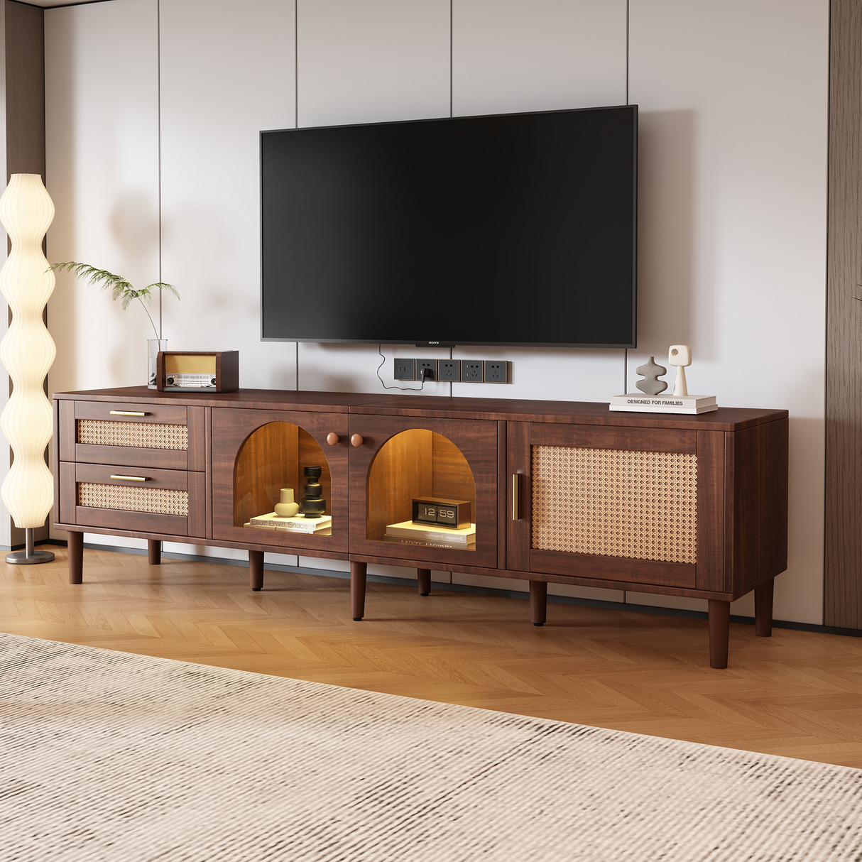 Rattan TV Stand with 3 Cabinets & 2 Drawers