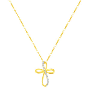 10K Yellow Gold Plated .925 Sterling Silver Diamond Accent Cross Ribbon 18" Pendant Necklace (I-J Color, I2-I3 Clarity)