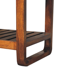 Solid Wood Small Buffalo Slatted Bench, Leather Upholstered, Open Storage