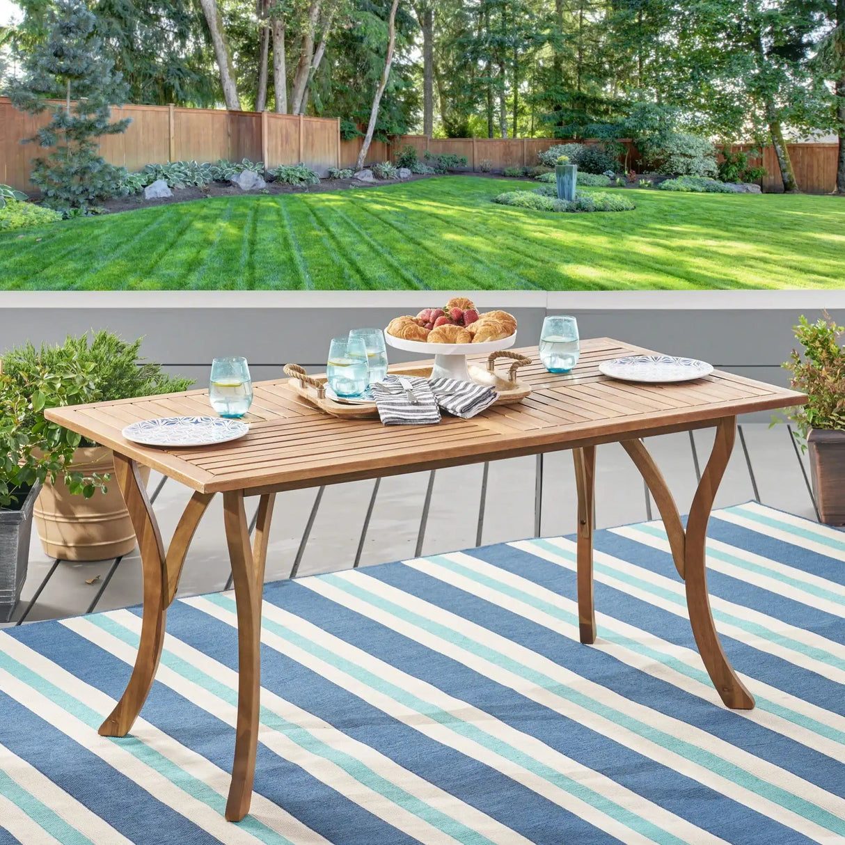 Outdoor Rectangular Table with Curved Legs and Perpendicular Wooden Slats Table Top