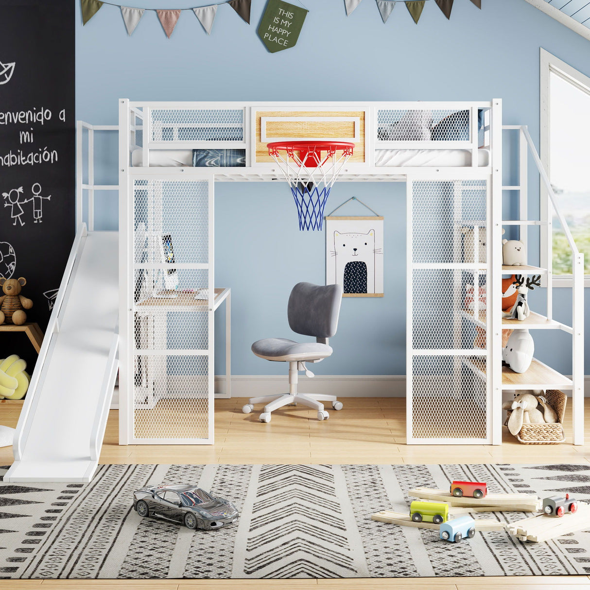 Loft Bed With Built In Desk, Open Wardrobe, Basketball Hoop, Slide And Staircase