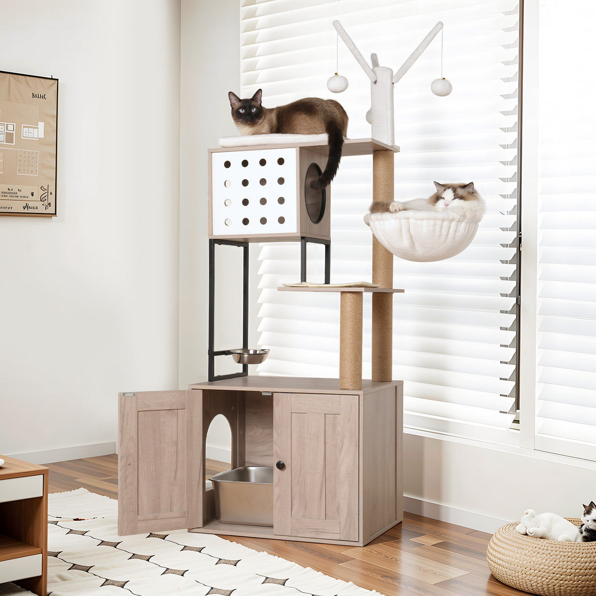 Cat Tree with Litter Box Enclosure - Modern Cat Condo, Gray