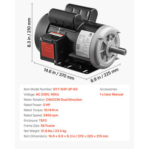 5 HP Electric Motor for Air Compressors, 3450 RPM, Single-Phase 230V