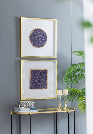 Elegant Shadow Box Duo Wall Art with Purple Amethyst Crystals - Neutral/Gold