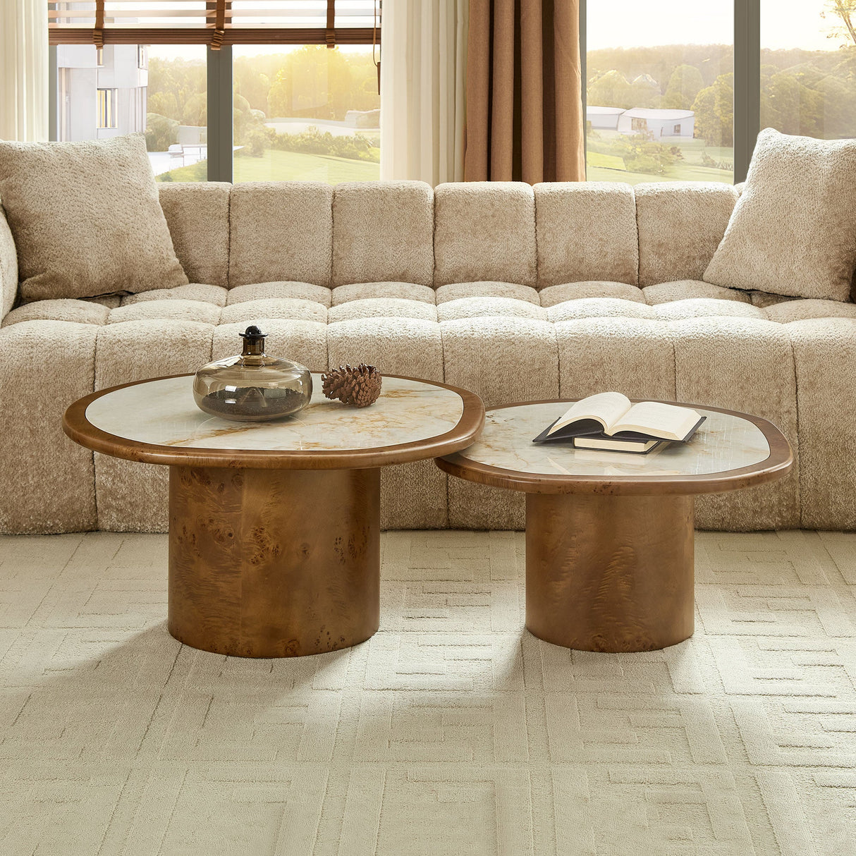 Irregular Coffee Table Set - 2pcs Burl Wood Veneer