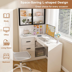 L-Shaped Computer Desk With Glass Cabinets, Built In LED Lights, USB Charging Ports