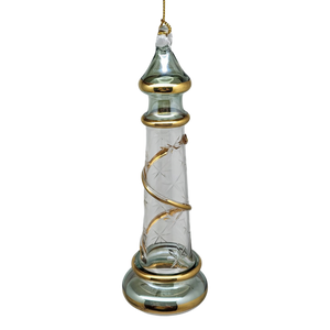 Glass Lighthouse Ornament With Gold Accent - Green