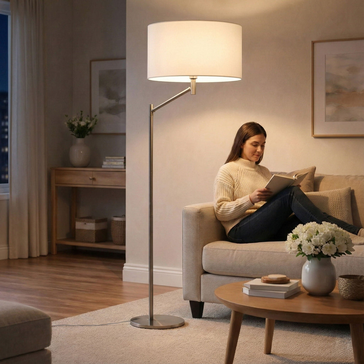 Horizon - Table Lamp With On / Off Switch Curved Base Linen Shade - Brushed Nickel / Silver / White