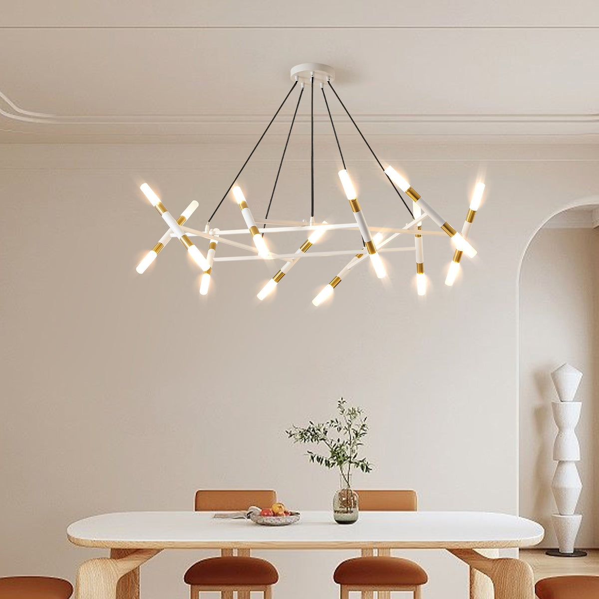 41' White & Golden Modern Chandelier Light Fixture, Branch Design with Frosted Tubes, Black Cords, Adjustable Height Pendant Light for Dining Room, Living Room, or Kitchen Island (Bulb Not Included)