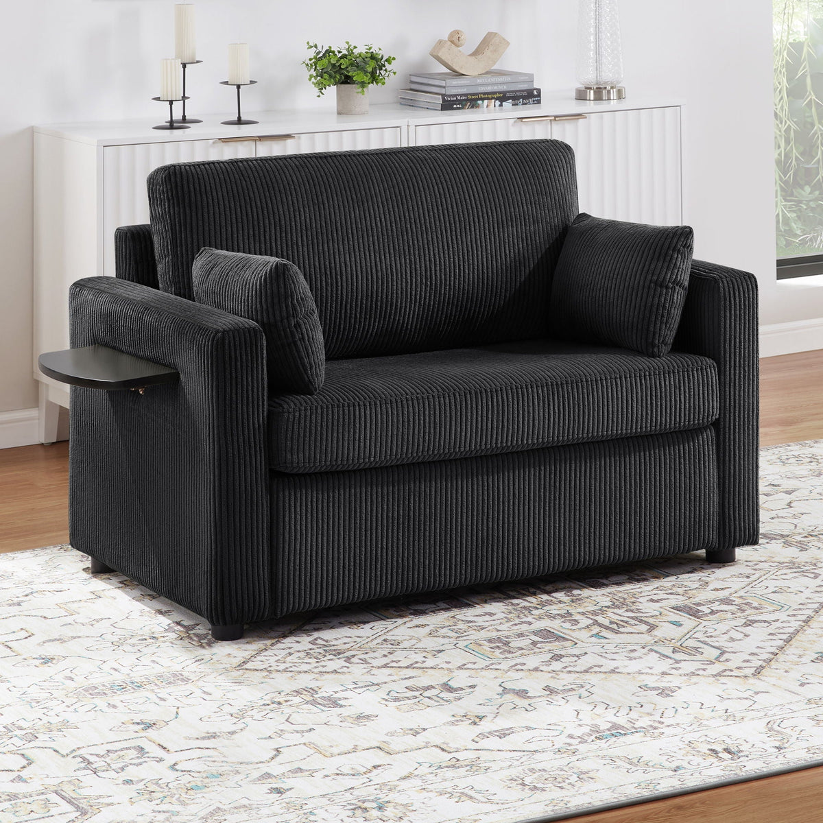 Sleeper Sofa With Foldable Mattress, USB Ports, Side Table & Storage Pocket