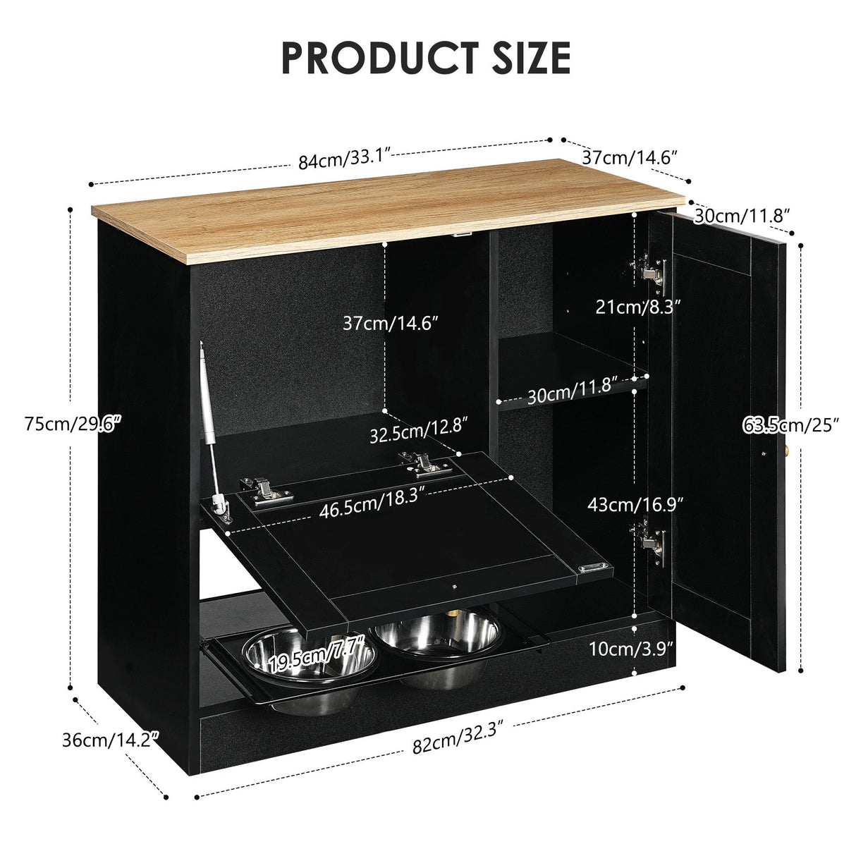 Feeding Station with 2 Lockers and Elevated Bowls - Black