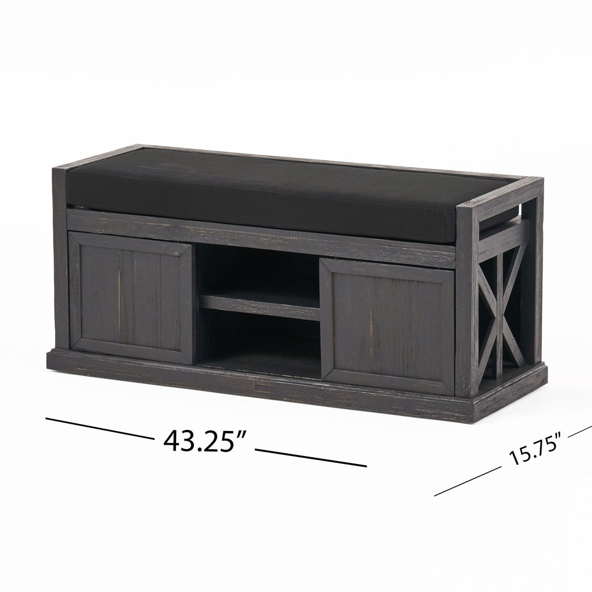 Wood Bench With 2 Open Shelves And Water Resistant Cushion - Dark Gray